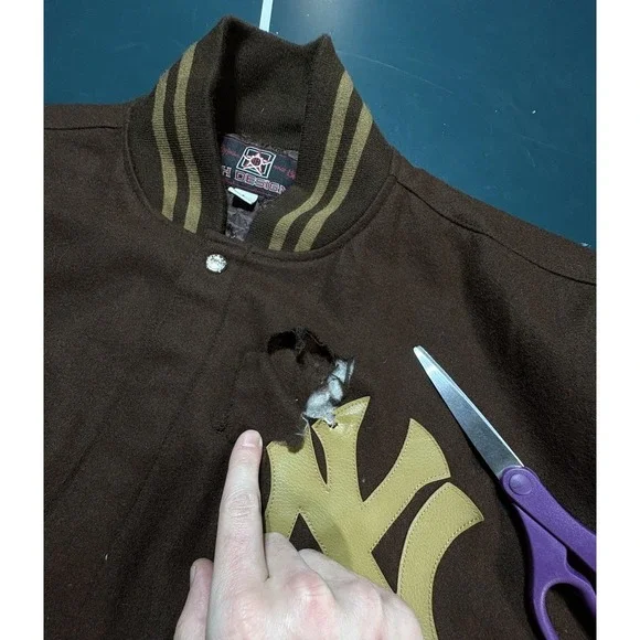 Vintage 90s Jeff Hamilton New York Yankees Wool Bomber Jacket Brown Large Flaws*